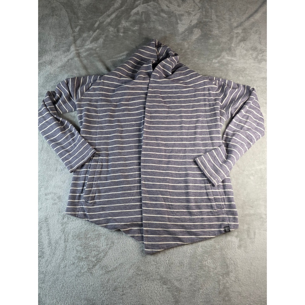 The North Face Cardigan Women Large Blue Striped Hooded Open Front Wrap Jacket